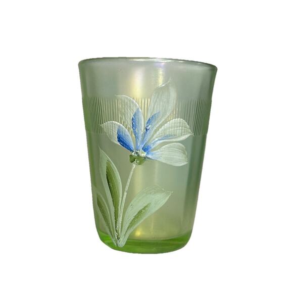Antique Fenton Carnival Green Vaseline Glass Painted Daisy Flower Tumbler Cup 4” - Picture 1 of 9